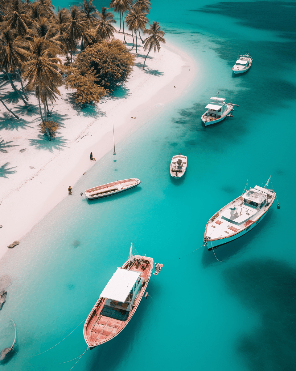 Boats anchored near a shoreline with palm trees, in a black and white aerial view.