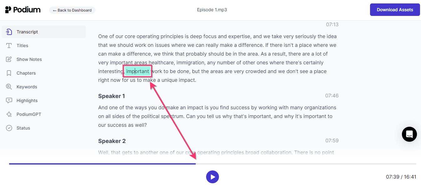Podium's transcript editing iterface with synchronized audio playback