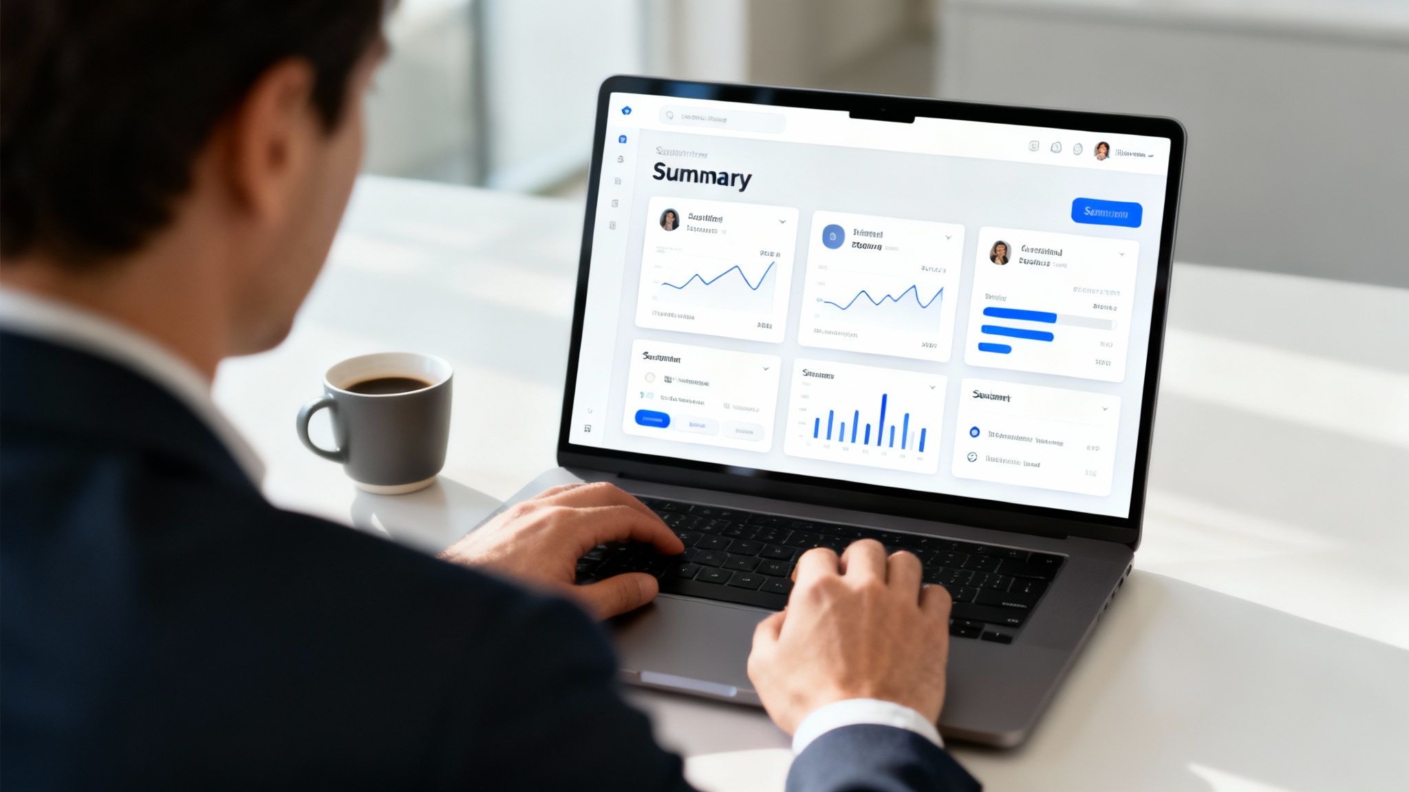 Man in a suit types on a laptop, viewing a business analytics dashboard with charts and graphs.