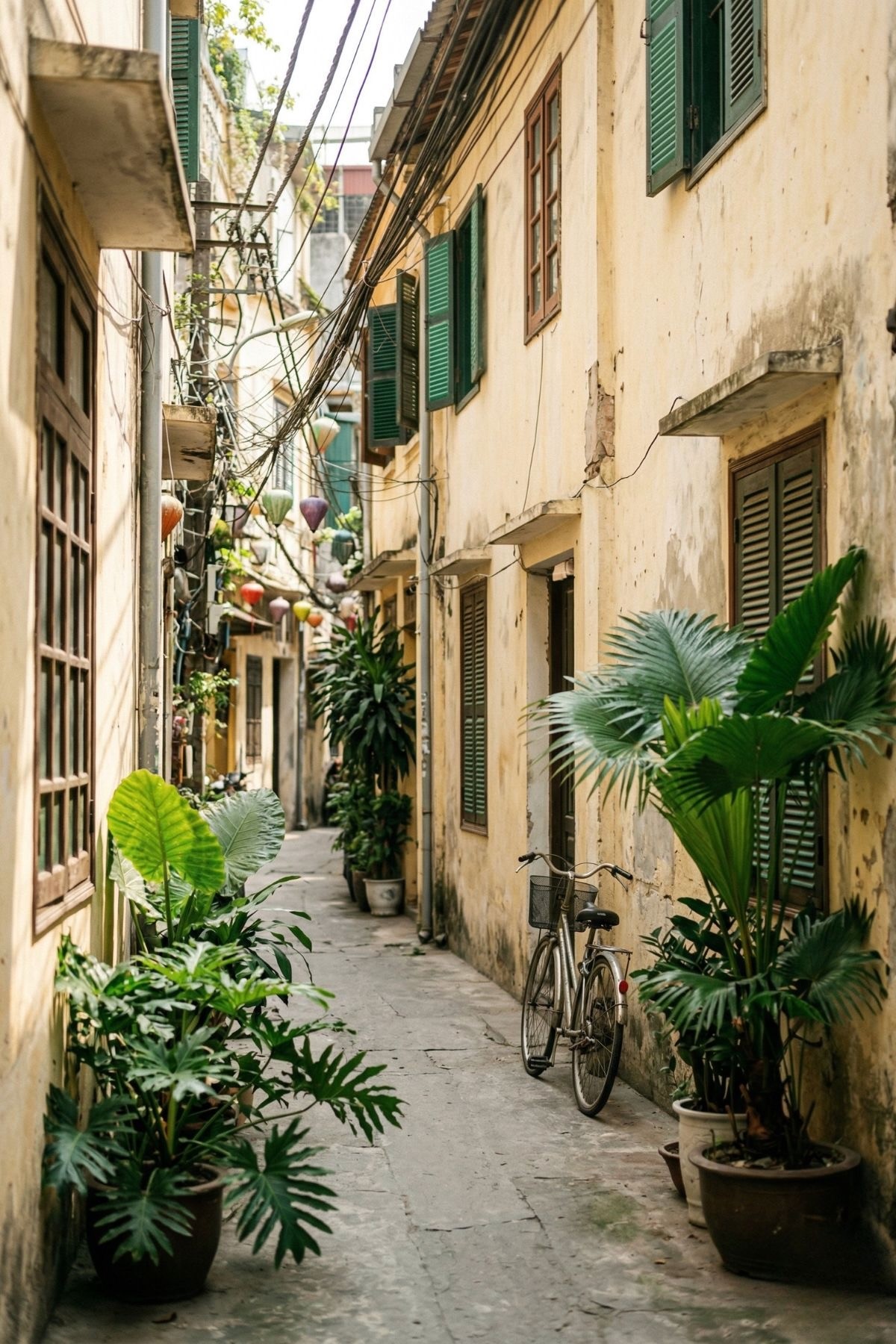 Serene Vietnamese alleyway in HCMC with yellow walls and lush green plants, representing the peaceful journey of marriage and family therapy at Tran Therapy.