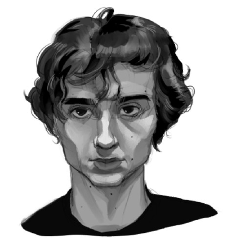 A greyscale portrait study with curly hair, face drawing by blubasset
