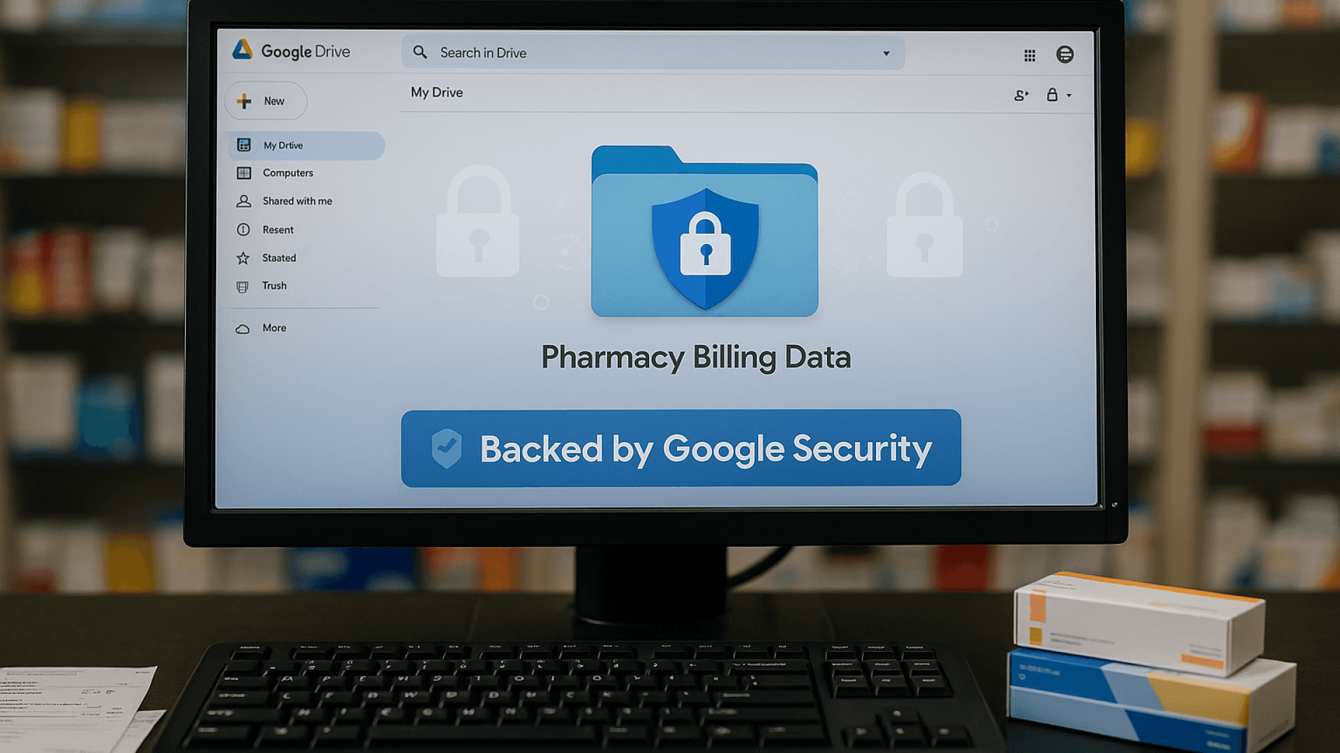 Computer screen showing pharmacy billing data folder secured and backed by Google Drive security system