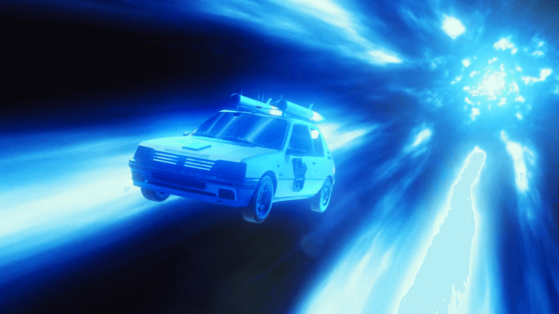 Car flying througb vortex through space through wormhole 3D Animation