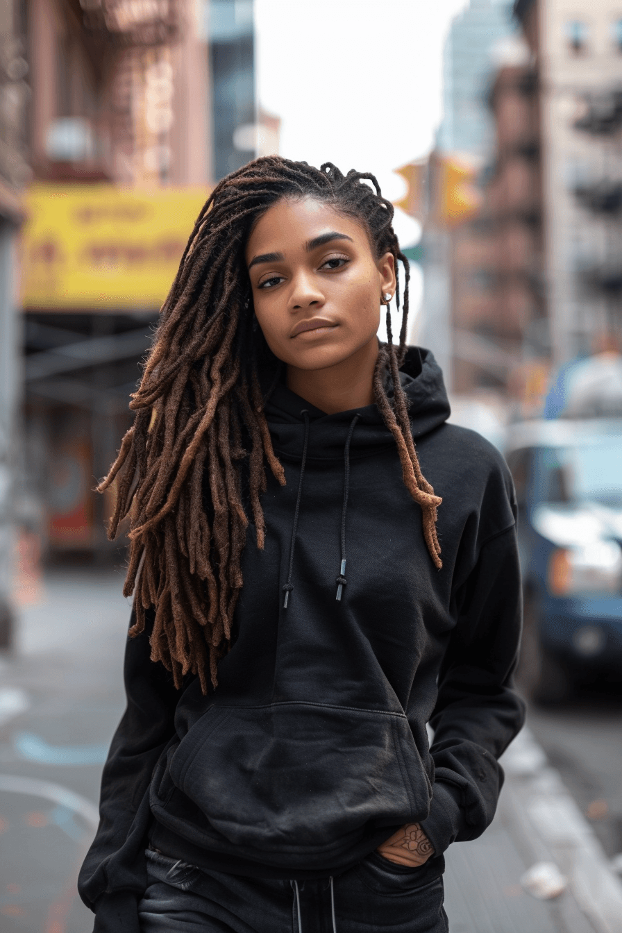 A rasta african american woman with a black hoodie