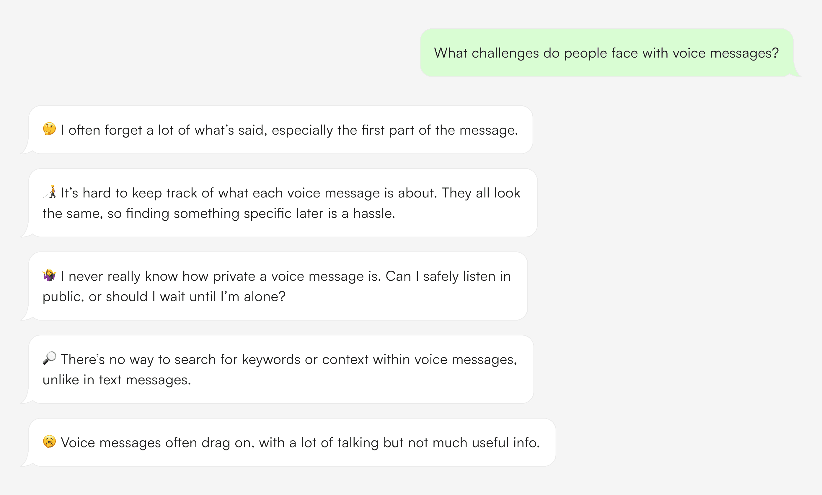 Challenges people face with voice messages: 1: I often forget a lot of what’s said, especially the first part of the message. 2:It’s hard to keep track of what each voice message is about. They all look the same, so finding something specific later is a hassle. 3: I never really know how private a voice message is. Can I safely listen in public, or should I wait until I’m alone? 4: There’s no way to search for keywords or context within voice messages, unlike in text messages. 5: Voice messages often drag on, with a lot of talking but not much useful info.