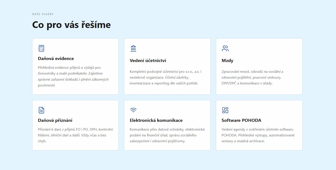 Návrh moderní struktury a webdesignu pro sekci služeb s využitím ikon na webové prezentaci účetní firmy.