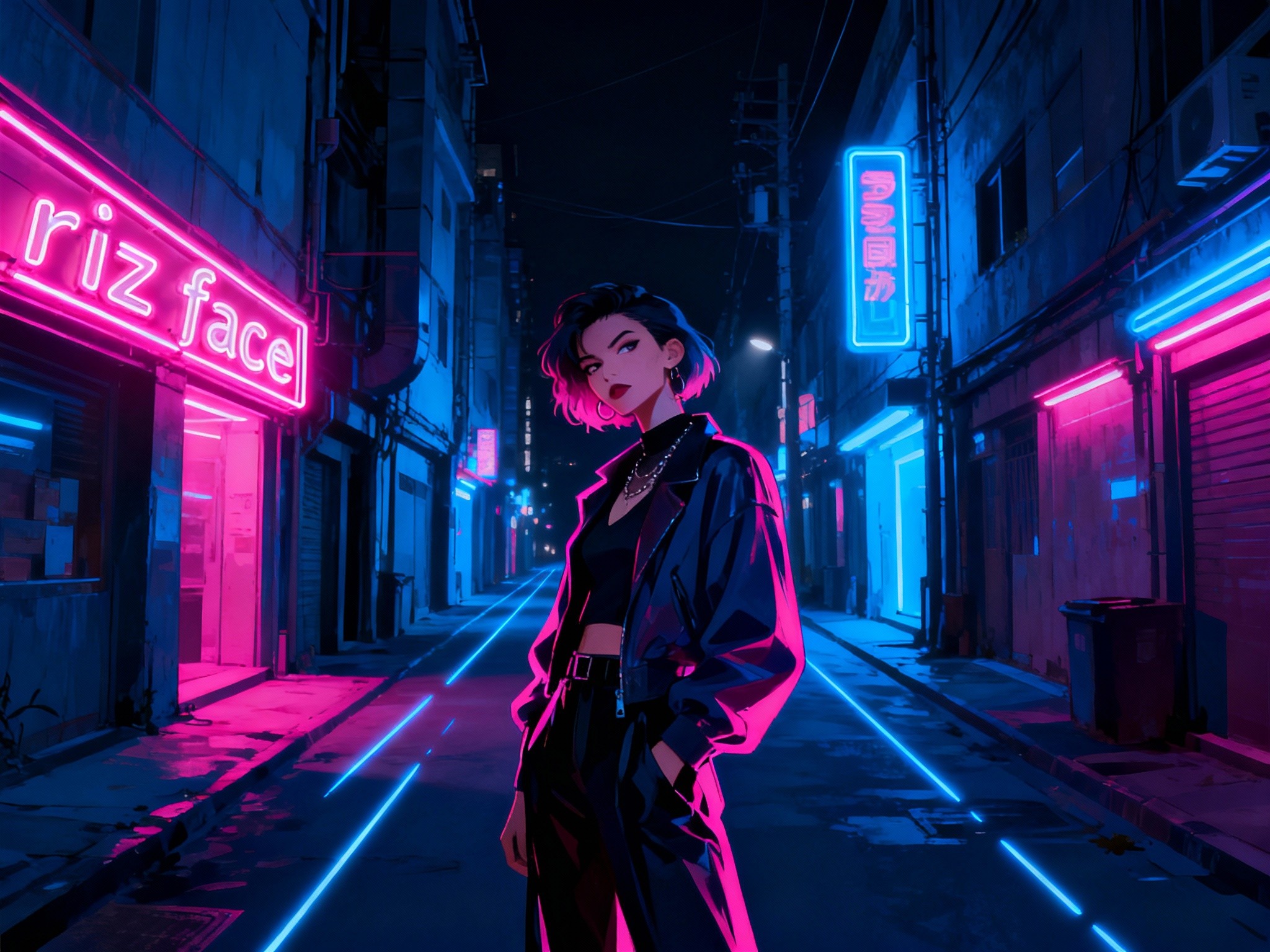 A fine-art illustration rendered in a format portraying a futuristic neon-lit alley at night