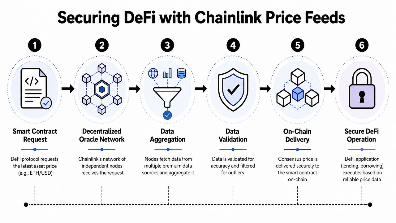A six-step diagram illustrating the process of securing DeFi protocols using Chainlink decentralized price feeds.
