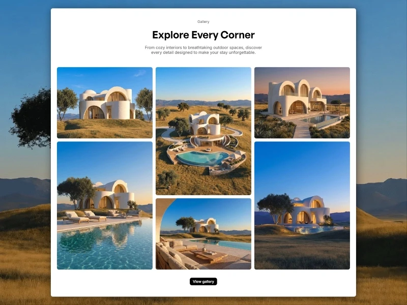 Gallery grid of distinct architectural views and pool scenes of the Pine Valley luxury retreat