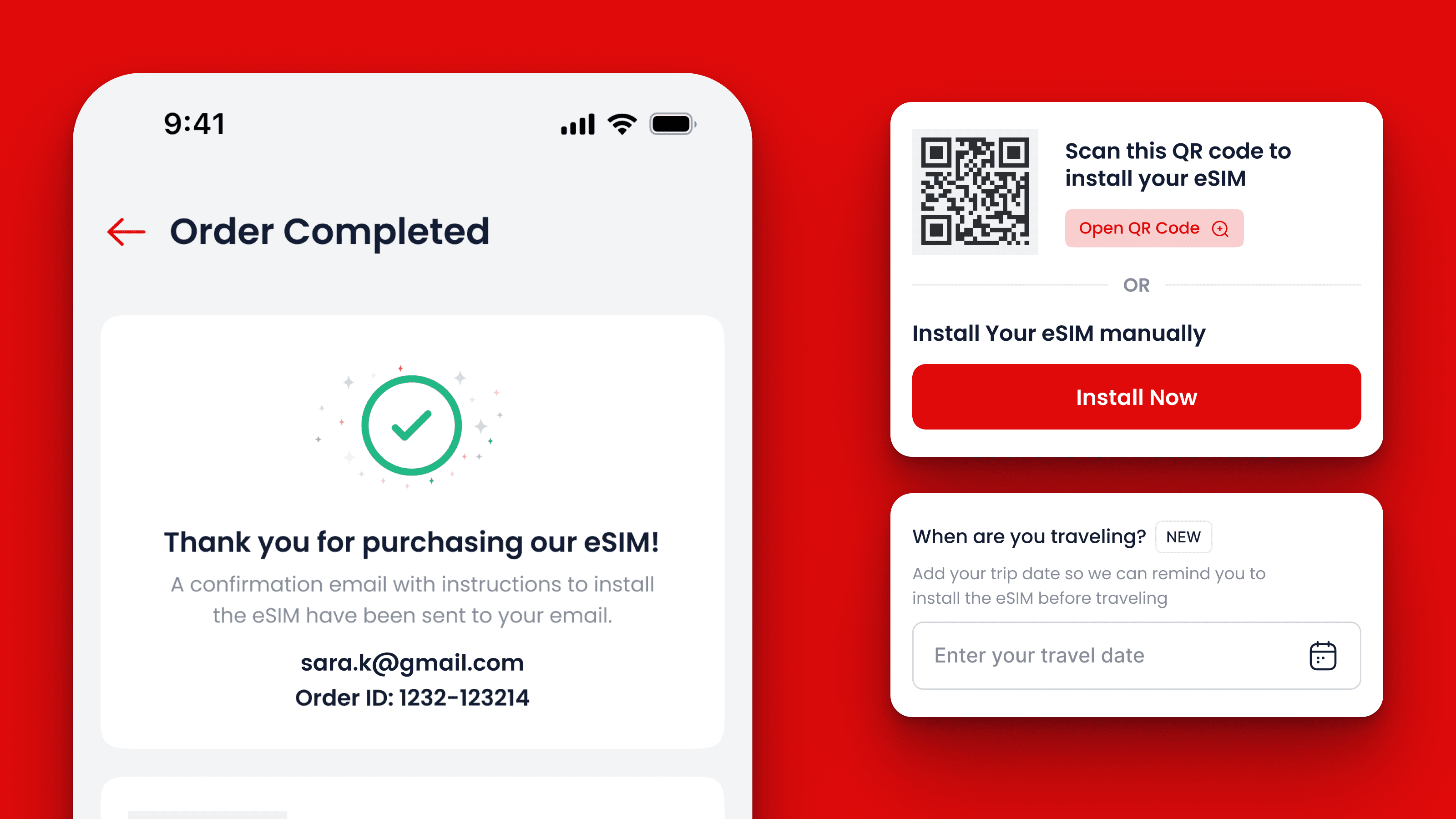 Order completed, with the QR panel, the manual install path and the travel-date reminder