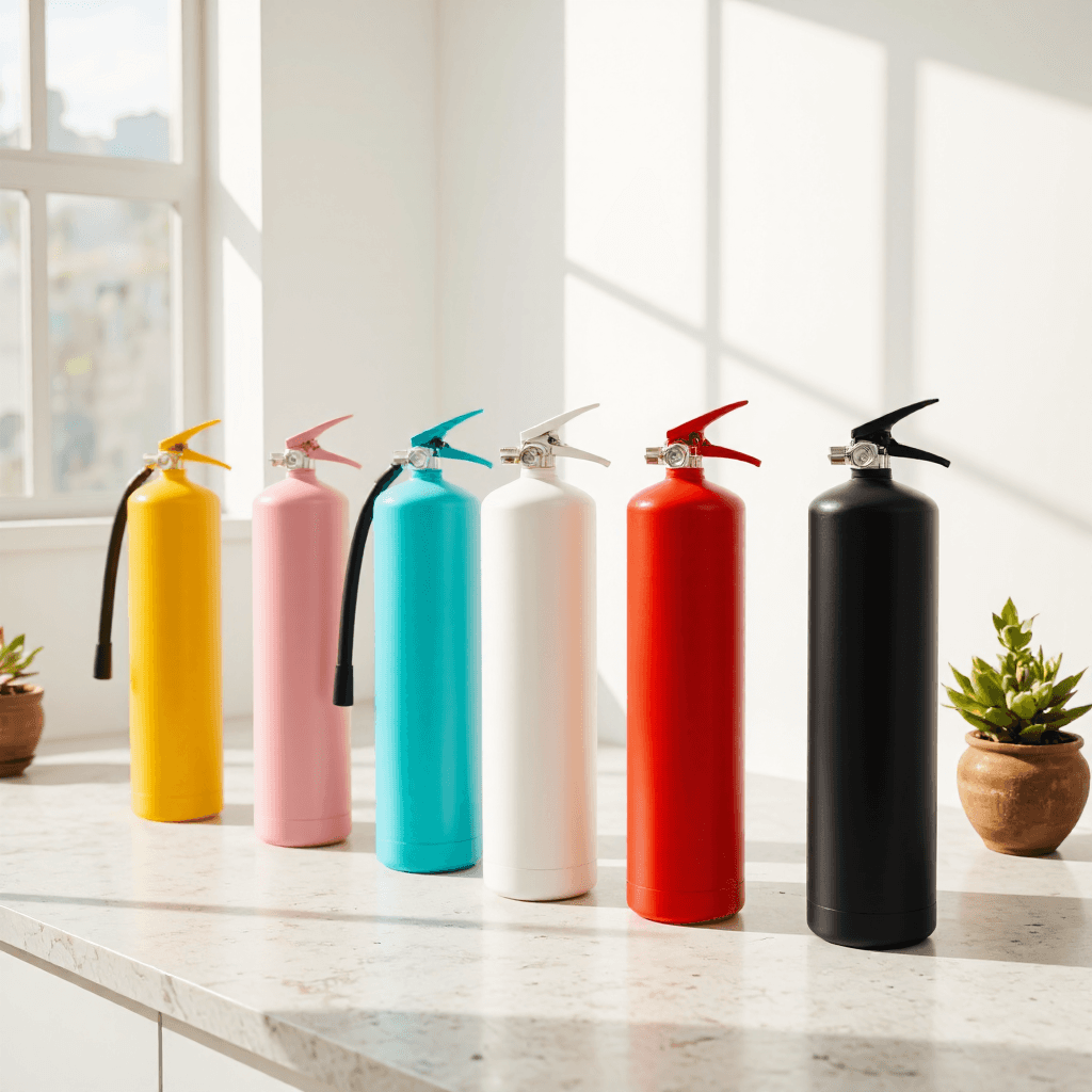 product photography of a set of colorful fire extinguishers for safety use