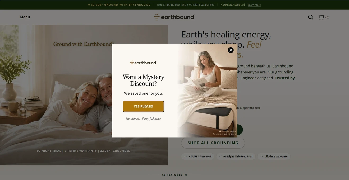 Earthbound yes/no popup inviting visitors to reveal a mystery discount.