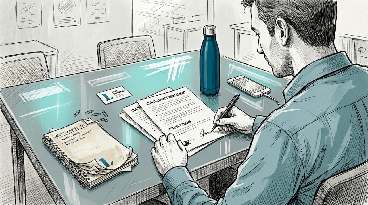 Man signing handwritten documents at business table