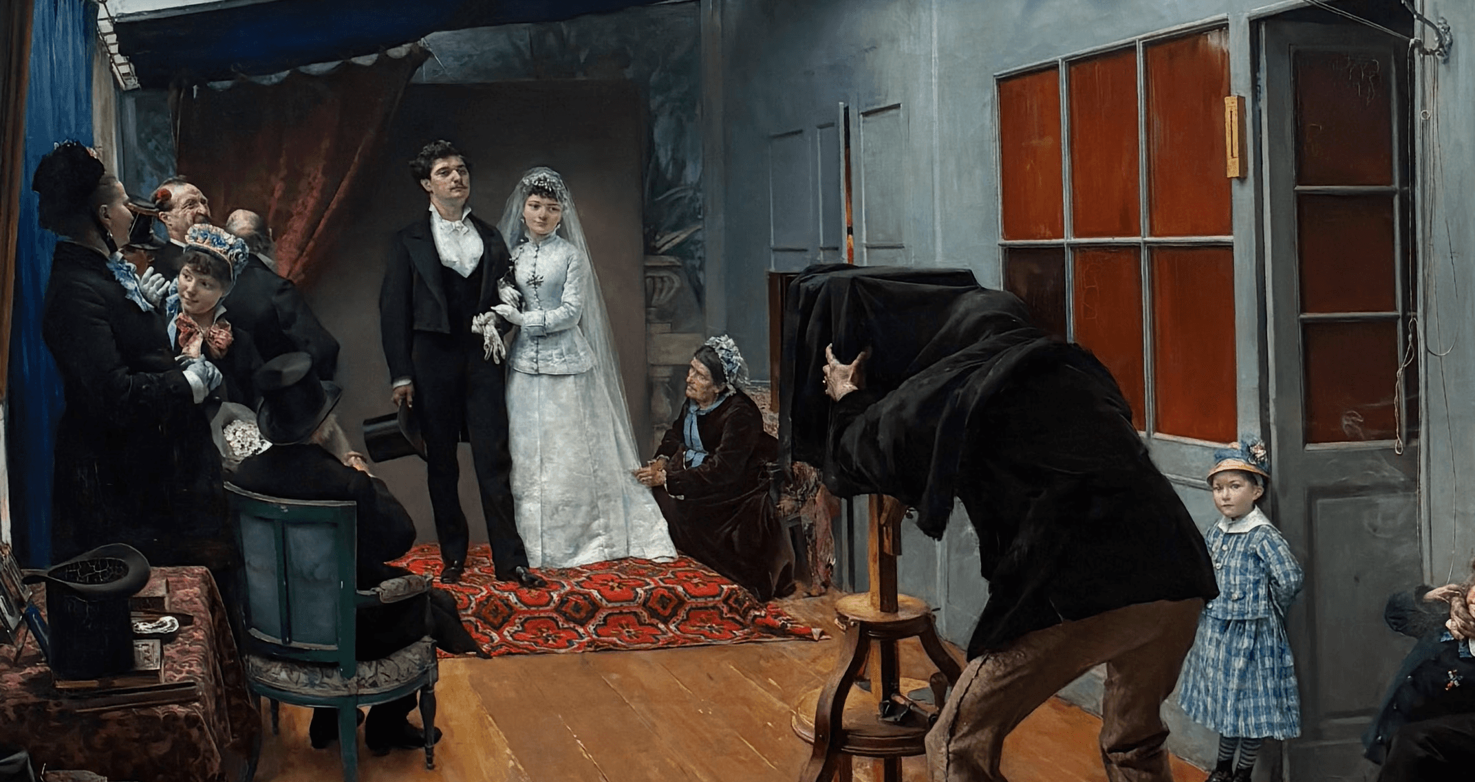 Une noce chez un photographe" de Pascal Dagnan-Bouveret (1879), huile sur toile, dans son cadre doré sculpté, Musée des Beaux-Arts de Lyon. Scène d'intérieur dans un atelier photographique parisien : au centre, les mariés en tenue de noce posent devant l'appareil photo tandis que le photographe, penché sous son drap noir, s'apprête à déclencher. Autour d'eux, la famille et les invités attendent, chacun dans sa propre attitude. Lumière zénithale par verrière, plancher en bois, tons chauds et détails naturalistes très soignés.