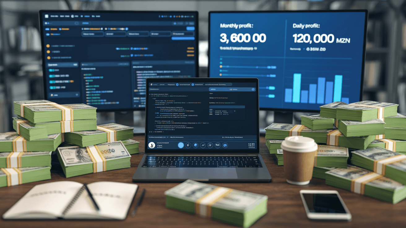 realistic tech startup workspace with massive stacks of cash dominating the desk