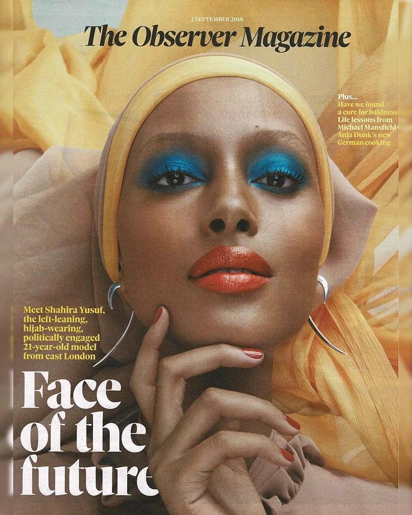 The Observer Magazine September 2018 front cover titled Face of the Future featuring large silver thorn jewelry silhouettes handcrafted by designer Shaun Leane.