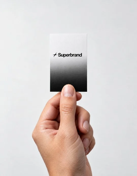 A hand holding a Superbrand card that fades from white to black.