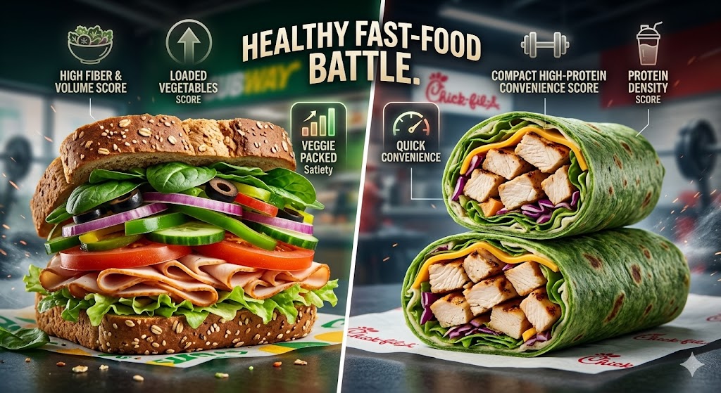 A comparative infographic comparing a loaded Subway multi-grain turkey sub with a high fiber and vegetable score to a Chick-fil-A grilled chicken cool wrap. The image features modern data overlays, a satiety gauge, and a title "Healthy Fast-Food Battle."