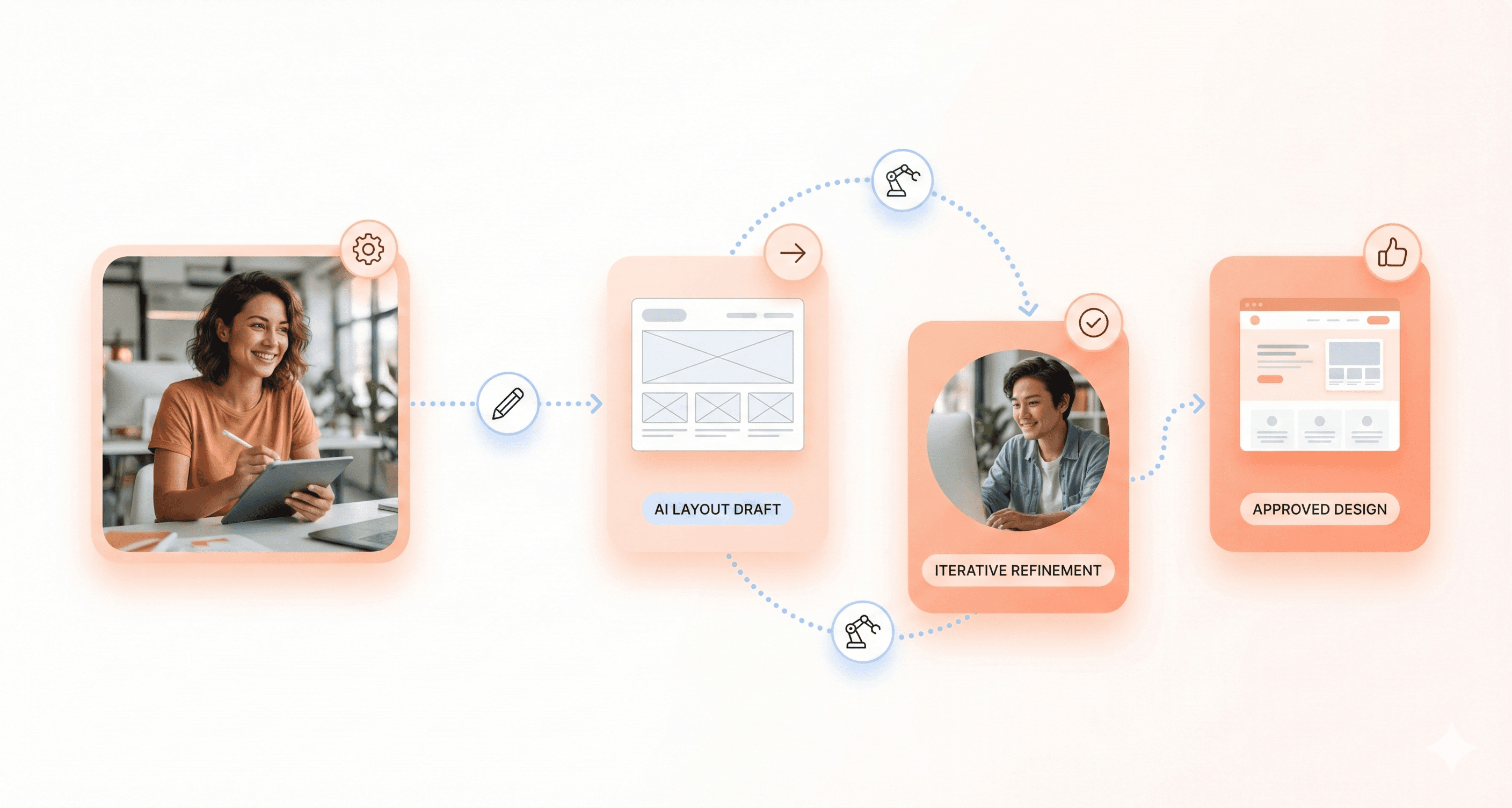 Collaborative SaaS design workflow showing AI assisted interface layouts with human designer refining product experience