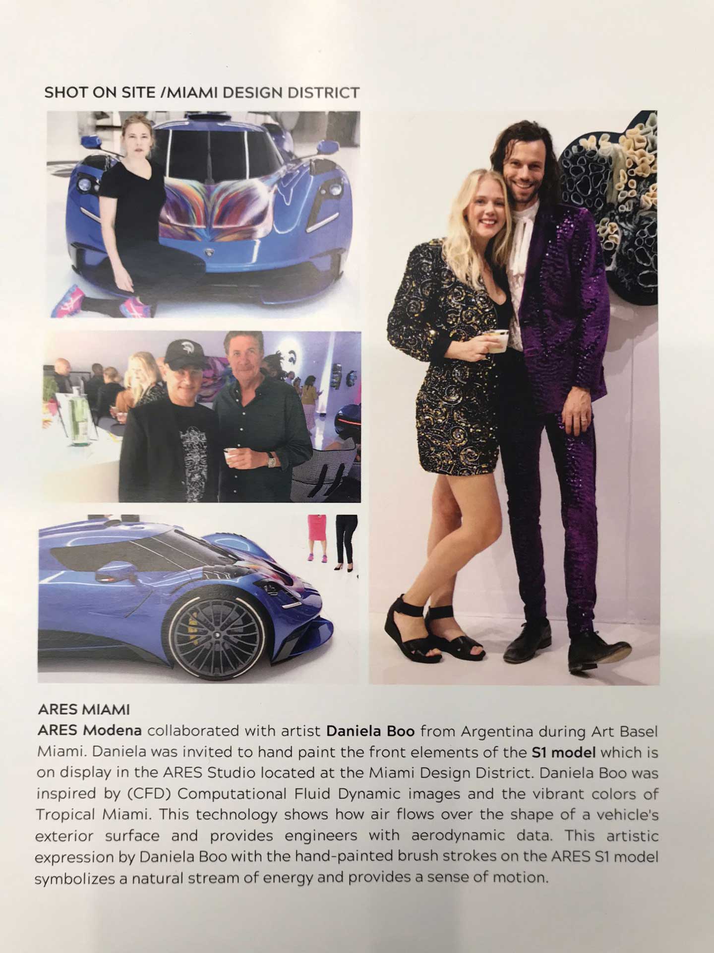 ARES Modena, Art Basel Miami 2022 colaborando con la artista DanielaBoo para pintar el modelo ARES S1 Coupé en el Miami Design District. 3 centros: Aeropuerto Internacional de Bolonia, Milán y Londres.