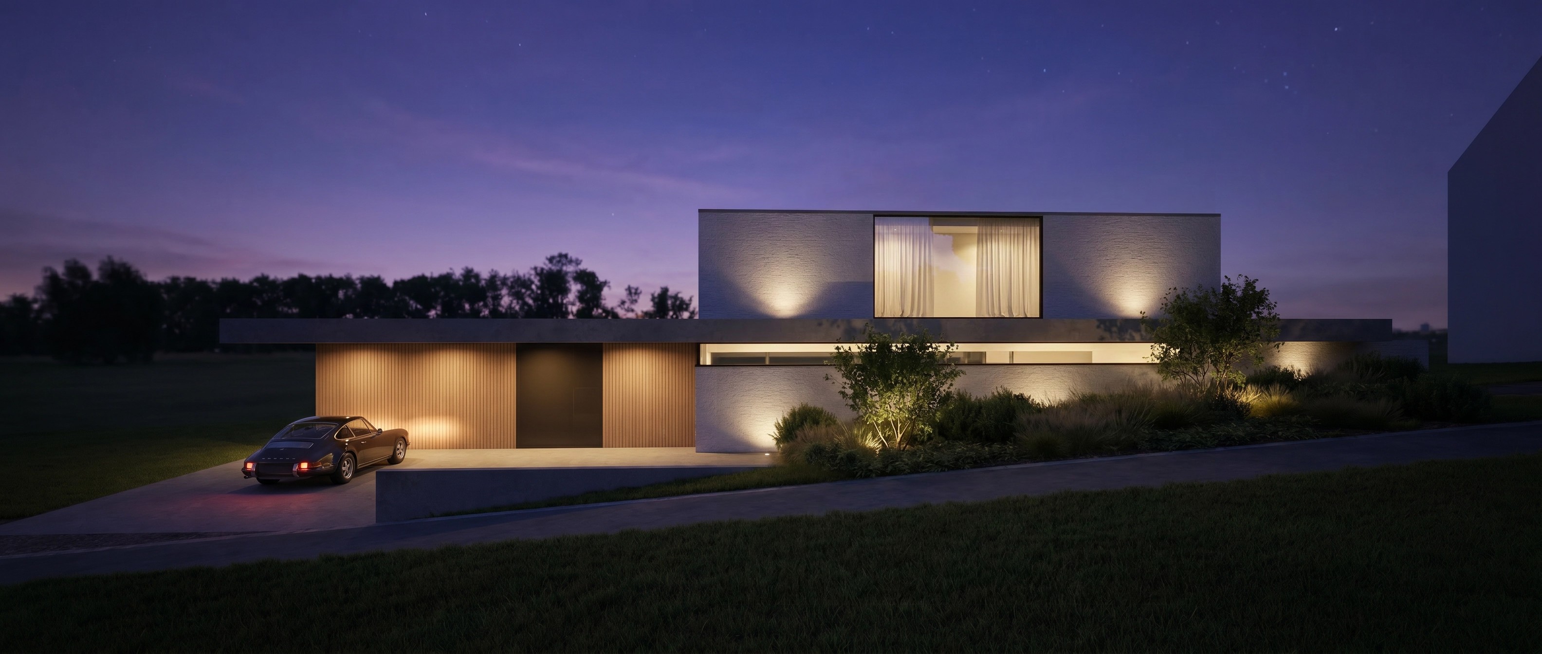 nachtbeeld van moderne villa in Vlaamse Ardennen
