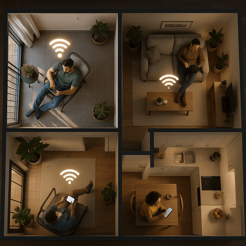 A couple relaxing on a couch in their living room, with a man holding a smartphone. A wall-mounted air conditioner is visible above them.