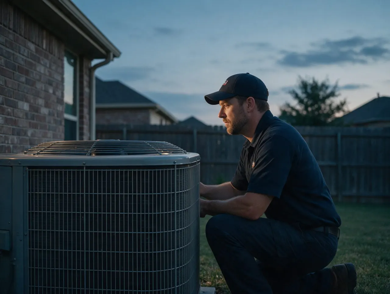 Technician checking an outdoor AC condenser at dusk