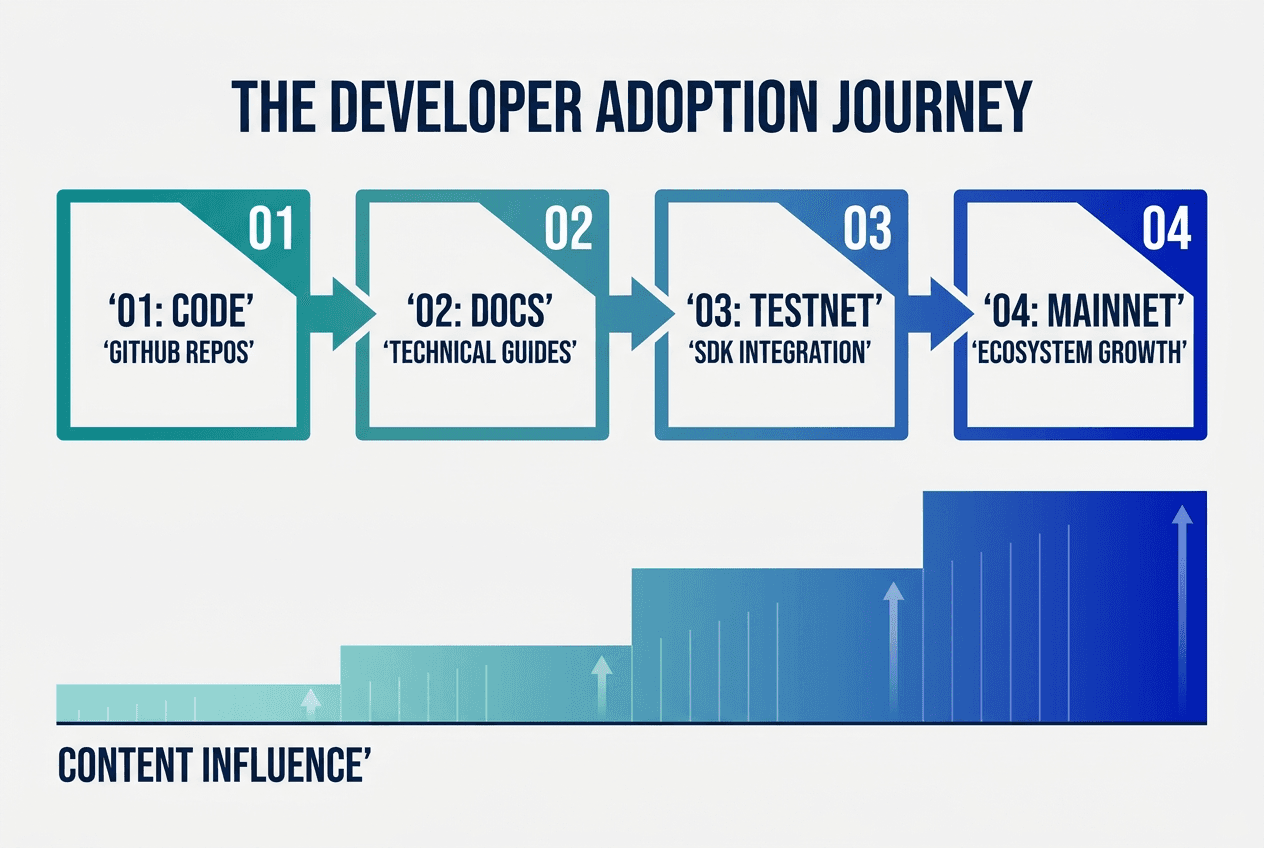 A four-stage framework showing the developer journey from initial code exploration through documentation and testnet to full mainnet adoption.
