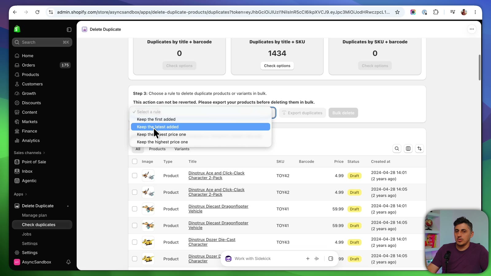 DDP bulk delete rule dropdown: keep first added, last added, lowest or highest price
