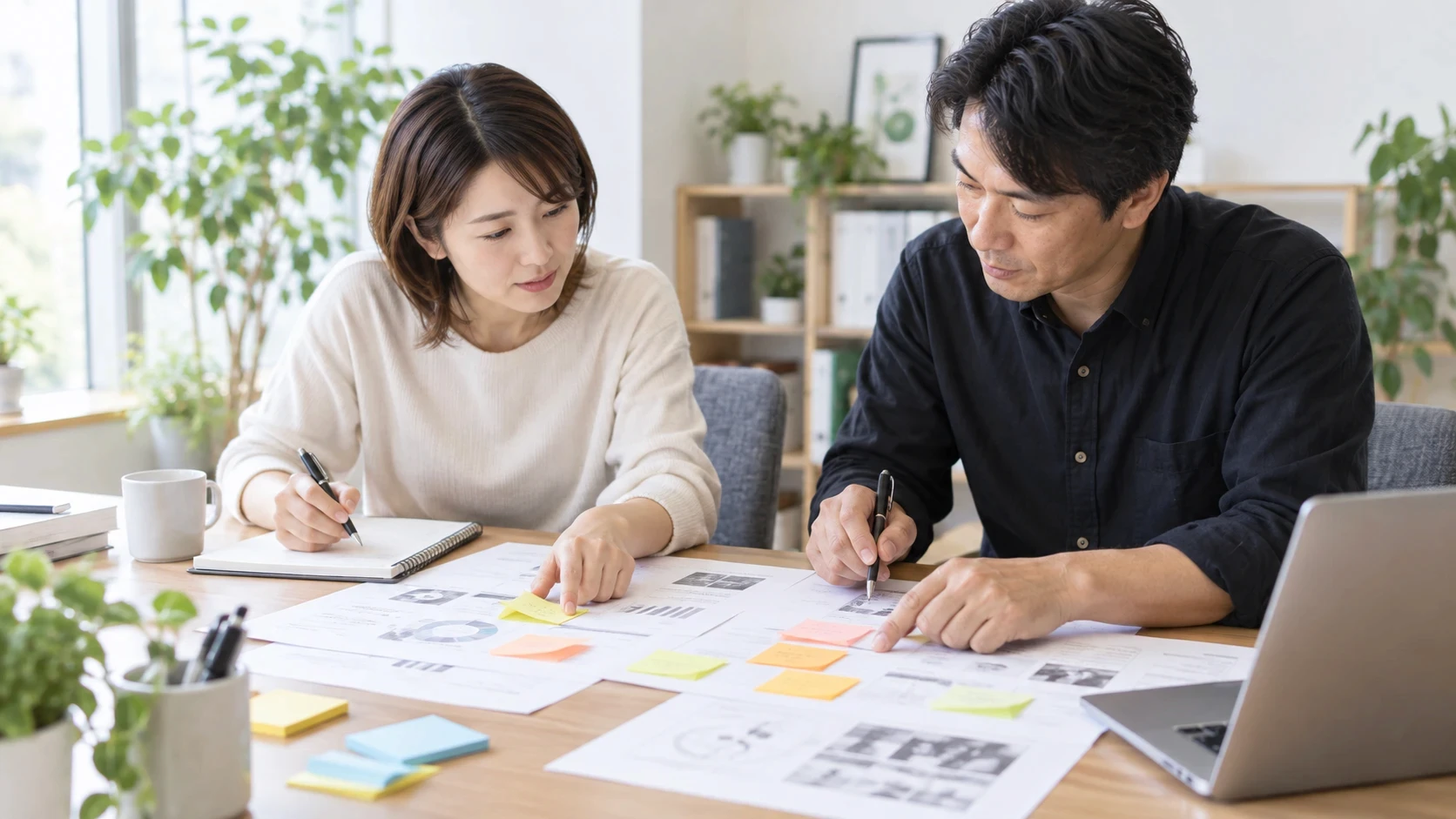 スタッフが付箋を使って業務の流れを整理する様子