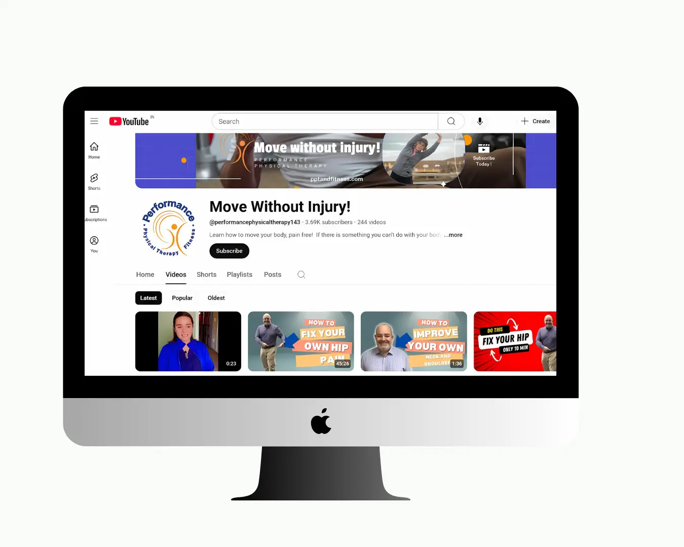 Performance Physical Therapy YouTube channel with videos on hip and neck pain relief.