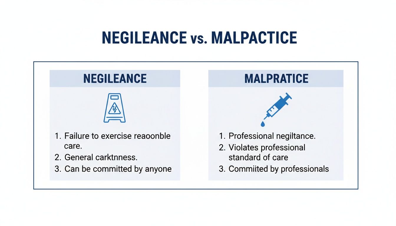 A diagram comparing negligence and malpractice, detailing their definitions and who can commit them.