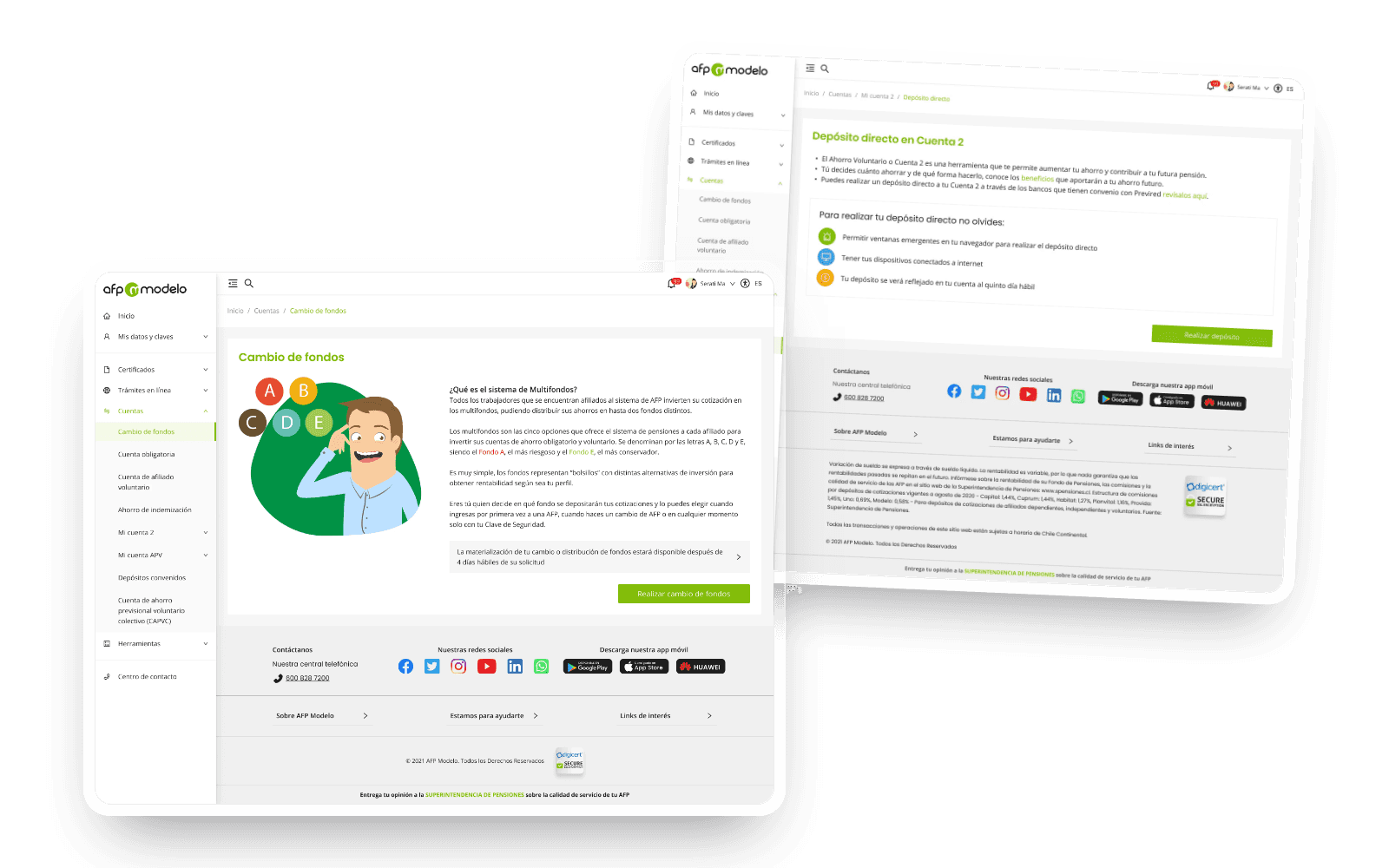 AFP Modelo Cambio de fondos page explaining pension fund types A to E