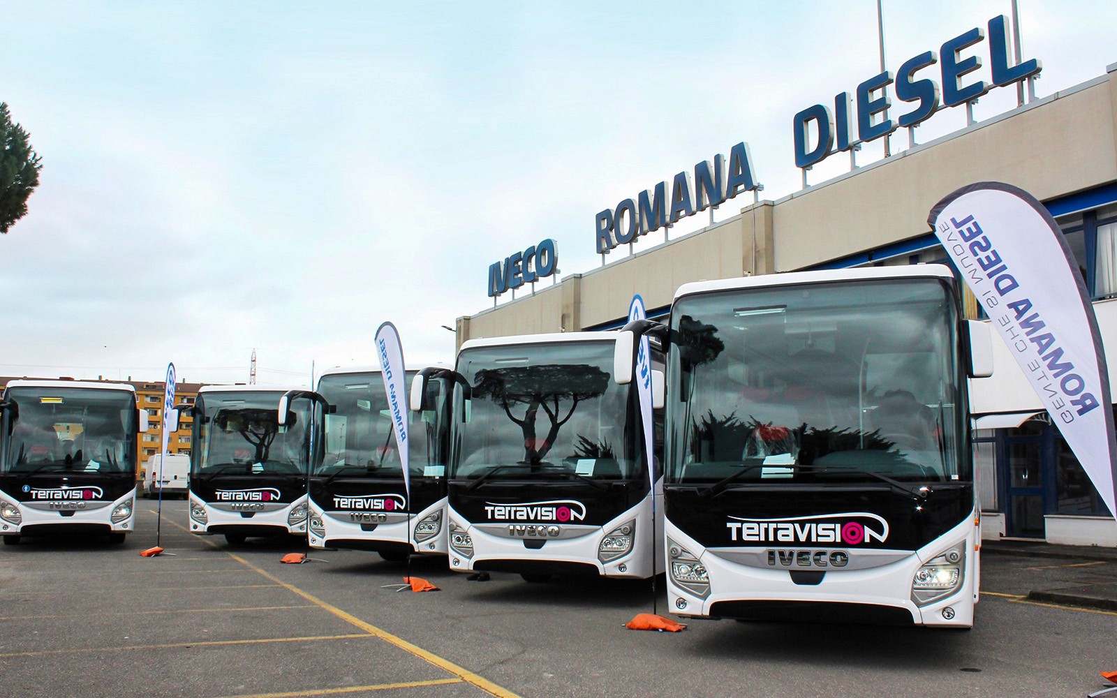 Terravision rútur eru staðsettar hjá Iveco Romana Diesel, tilbúnar fyrir flugvallarskutlur.