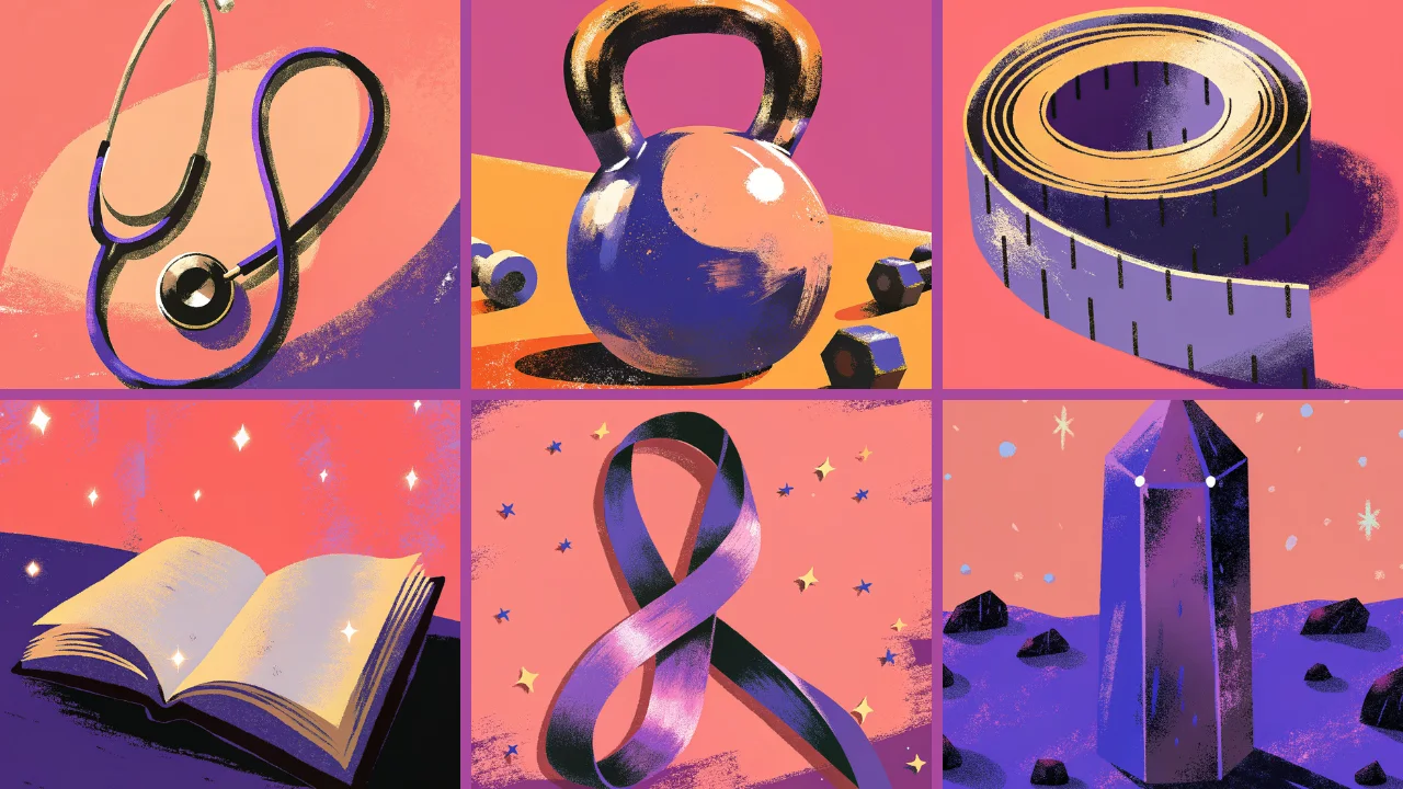 Grid of six illustrated objects representing the six yoga archetypes: stethoscope, kettlebell, tape measure, open book, flowing ribbon, and crystal – Movement Wisdom yoga archetype quiz