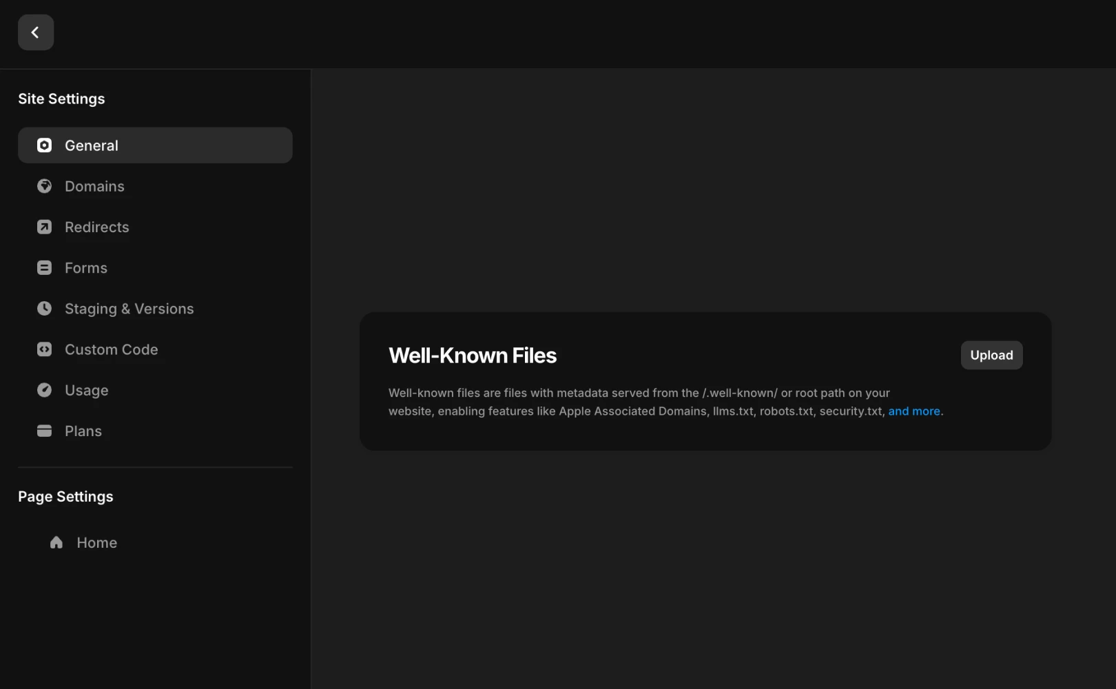 Framer의 Setting 창에서 Well-known 파일을 어떻게 업로드하는지 설명합니다.