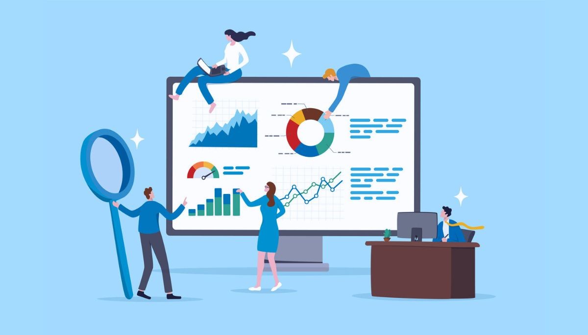 Illustration of a team analyzing charts and graphs on a large computer screen, symbolizing big tech performance data and its impact on jobs in 2026.