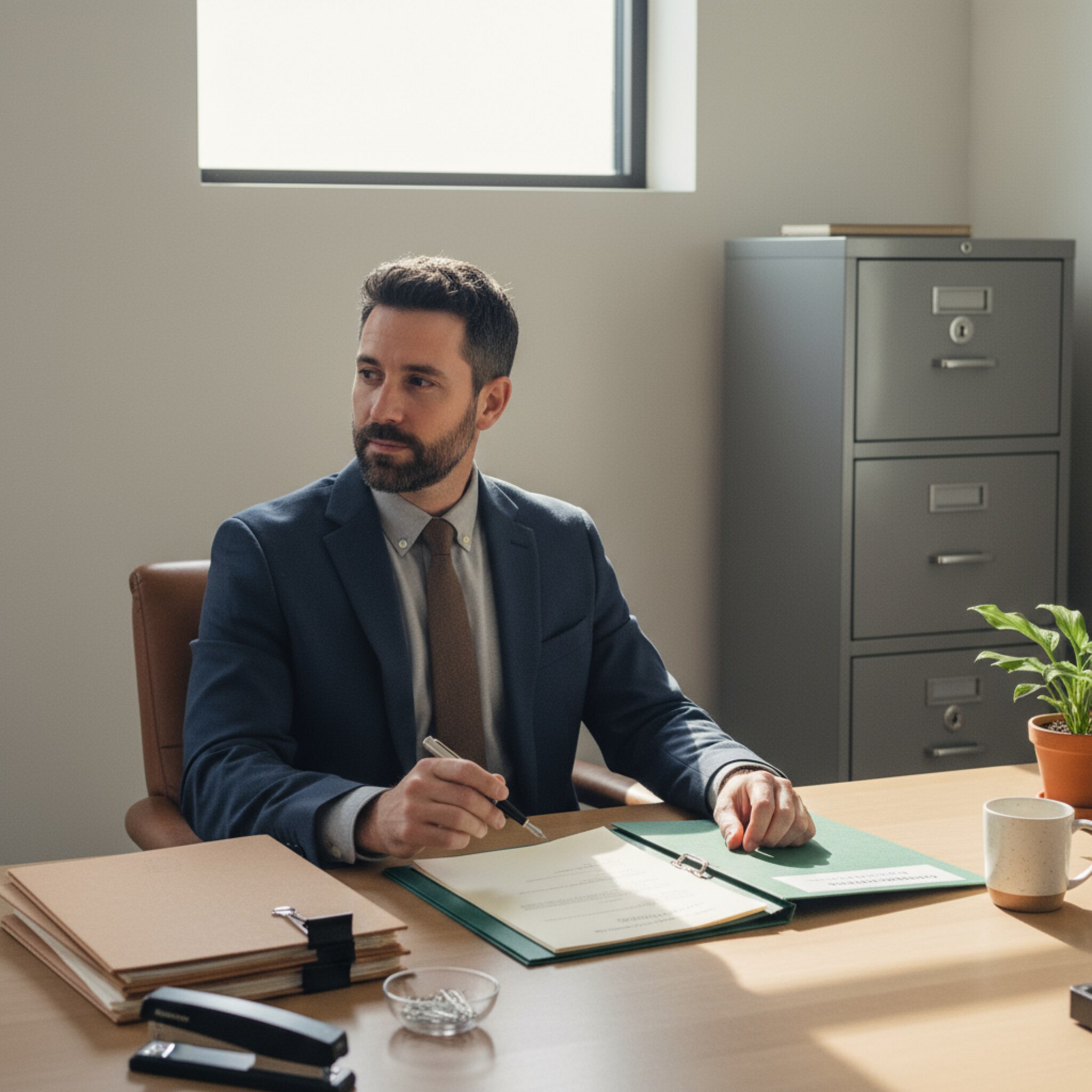 Ein Anwalt unterschreibt ein Dokument auf festem Papier und heftet es sorgfältig in einen beschrifteten Ordner. Ein abschließbarer Stahlschrank steht griffbereit, seine Oberfläche spiegelt das weiche Licht. Die Szene verdeutlicht Verbindlichkeit, Nachvollziehbarkeit und den sorgsamen Umgang mit vertraulichen Informationen.