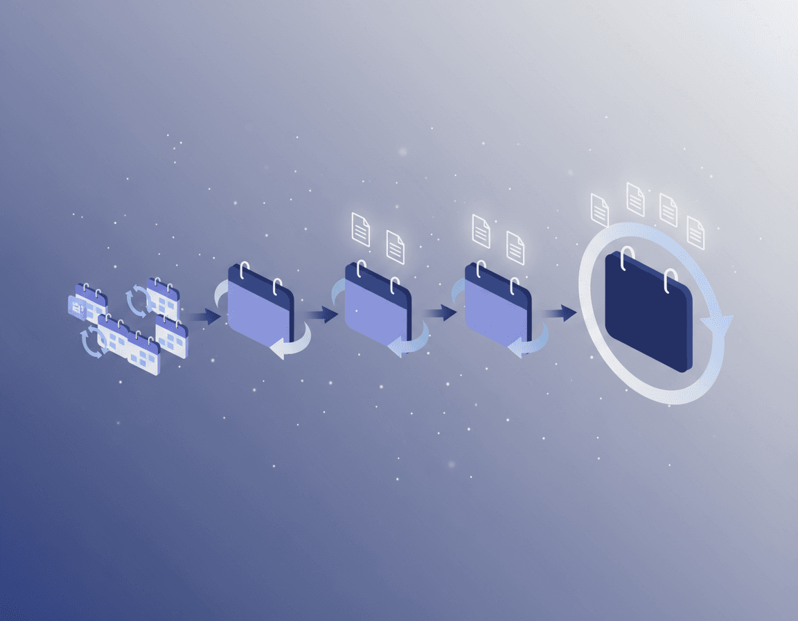 Isometric timeline of calendars with refresh arrows illustrating monthly, quarterly, and annual content updates.