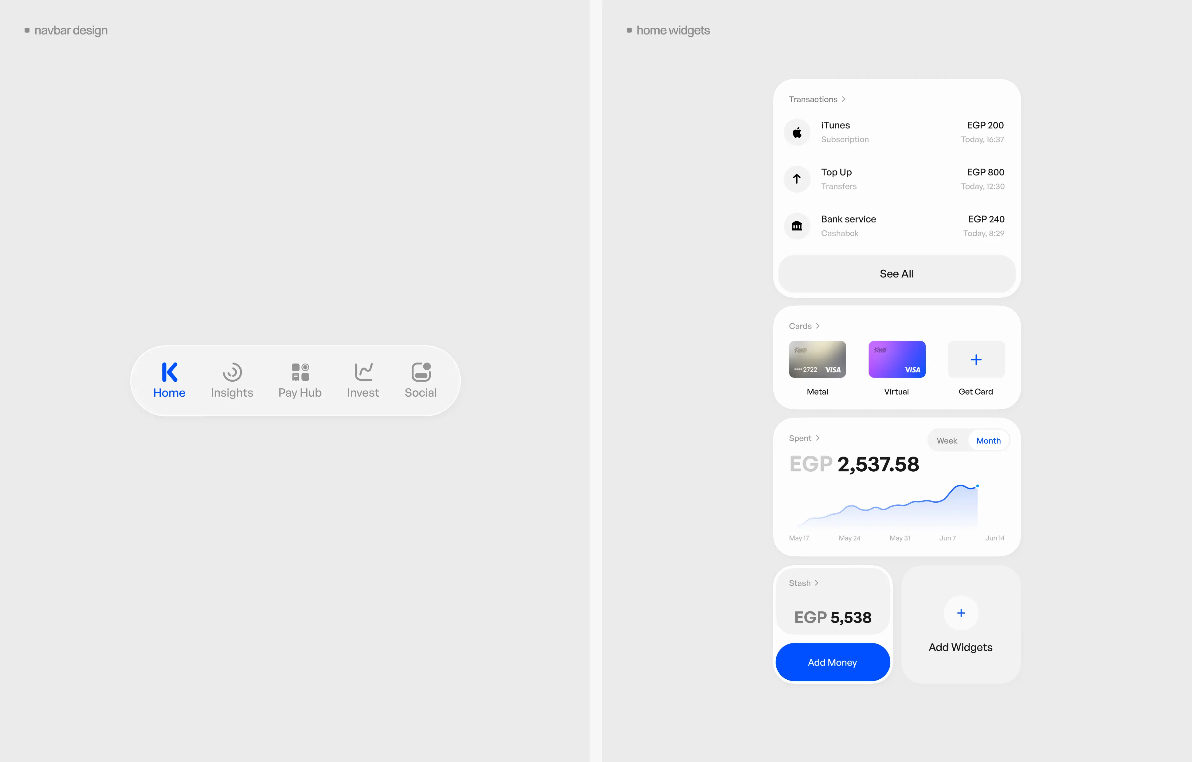 Kiwe Bank home screen widgets — transactions list, card management, spending chart EGP 2,537, and stash balance