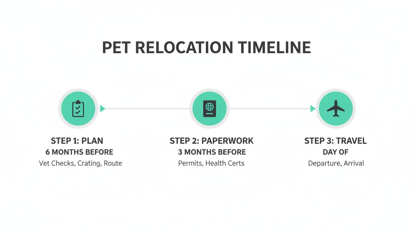 A pet relocation timeline infographic showing three steps: Plan, Paperwork, and Travel, with associated timeframes.