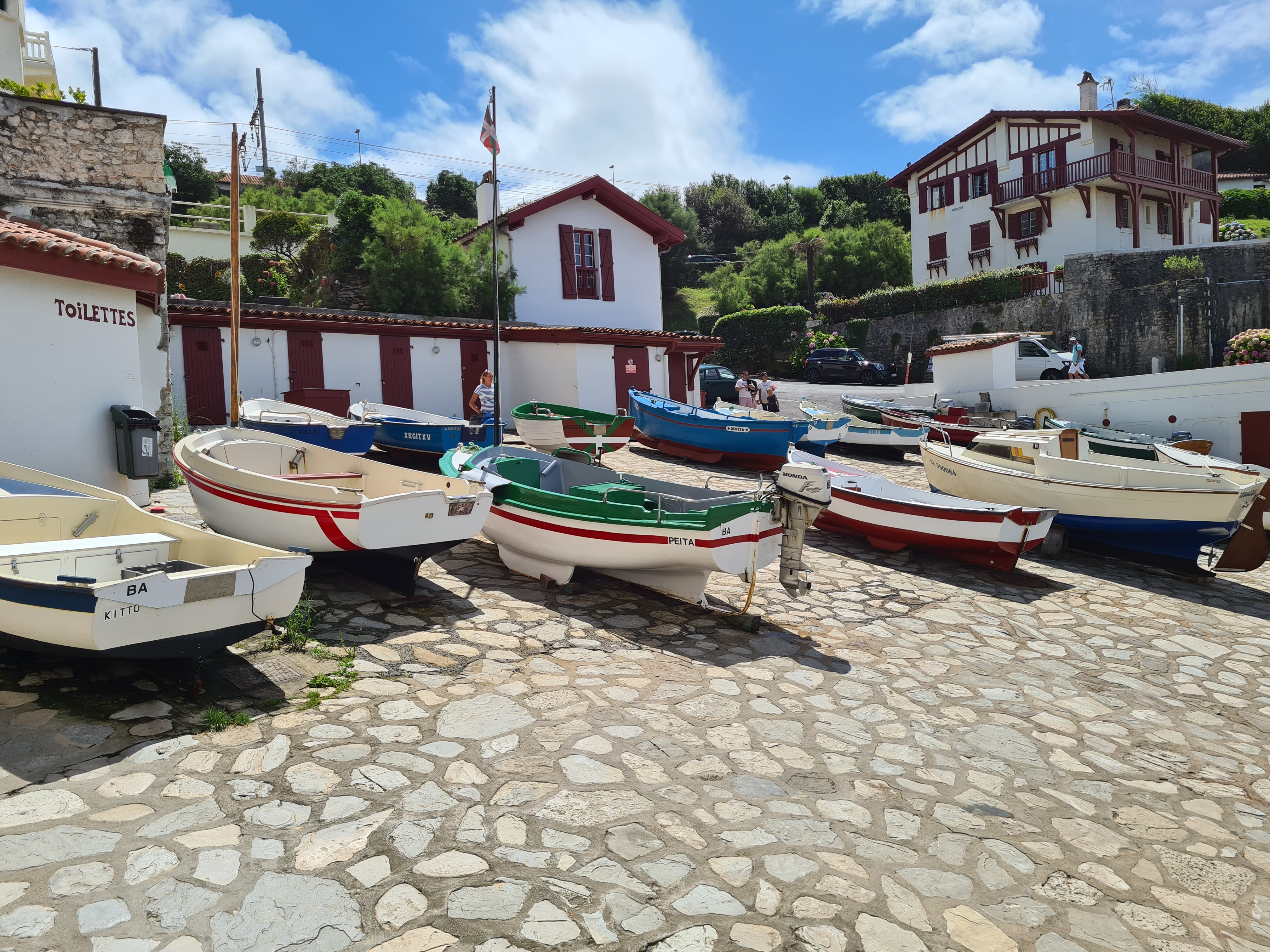 A person walks along a seaside pathway, gesturing with one hand, wearing a jacket and casual shoes.
