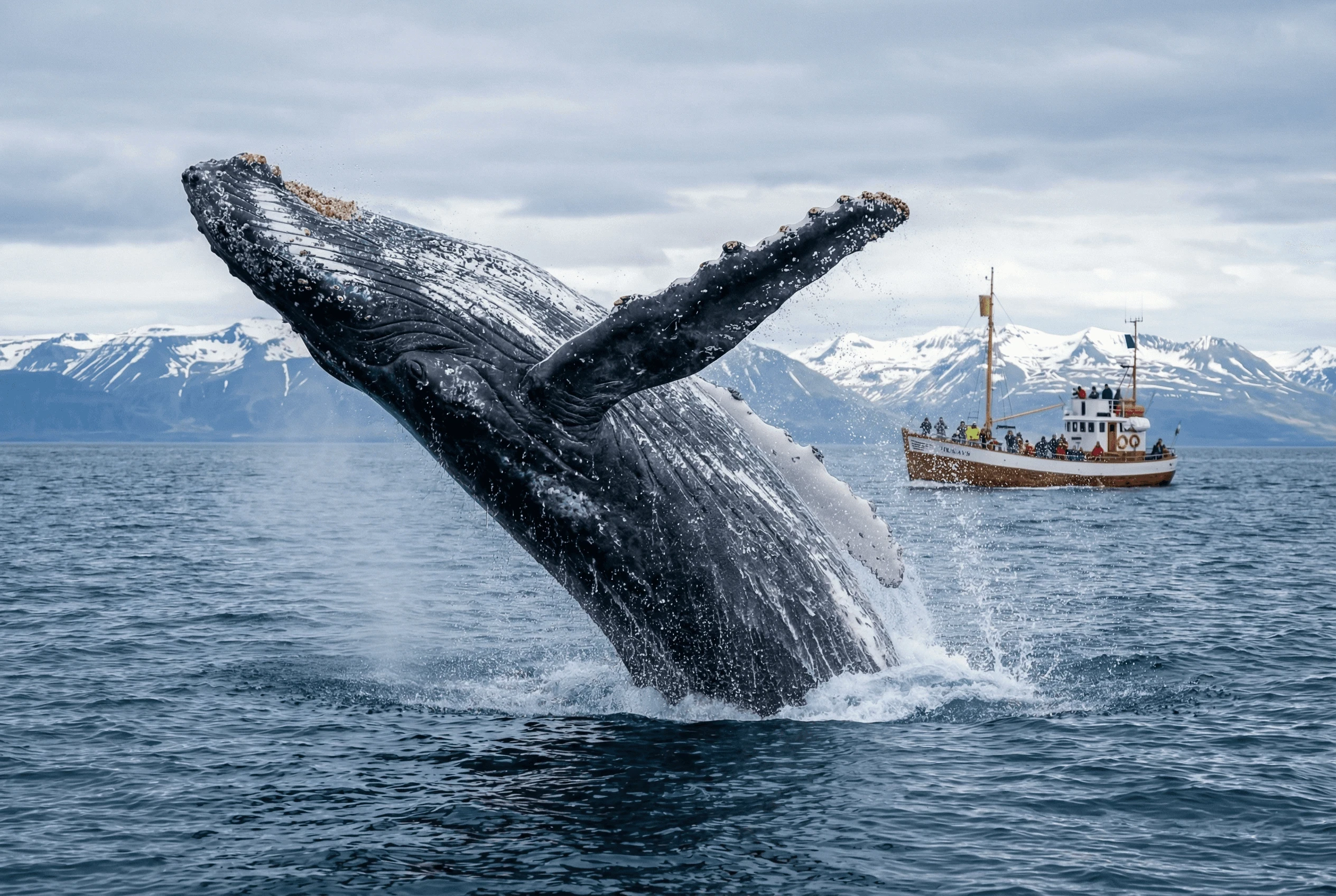 A large whale breaching out of the ocean water with a whale-watching boat and snowy mountains in the background.