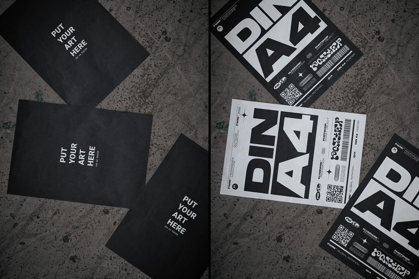 Outdoor A4 Poster Mockup featuring three blank papers lying loosely on dark, gritty concrete