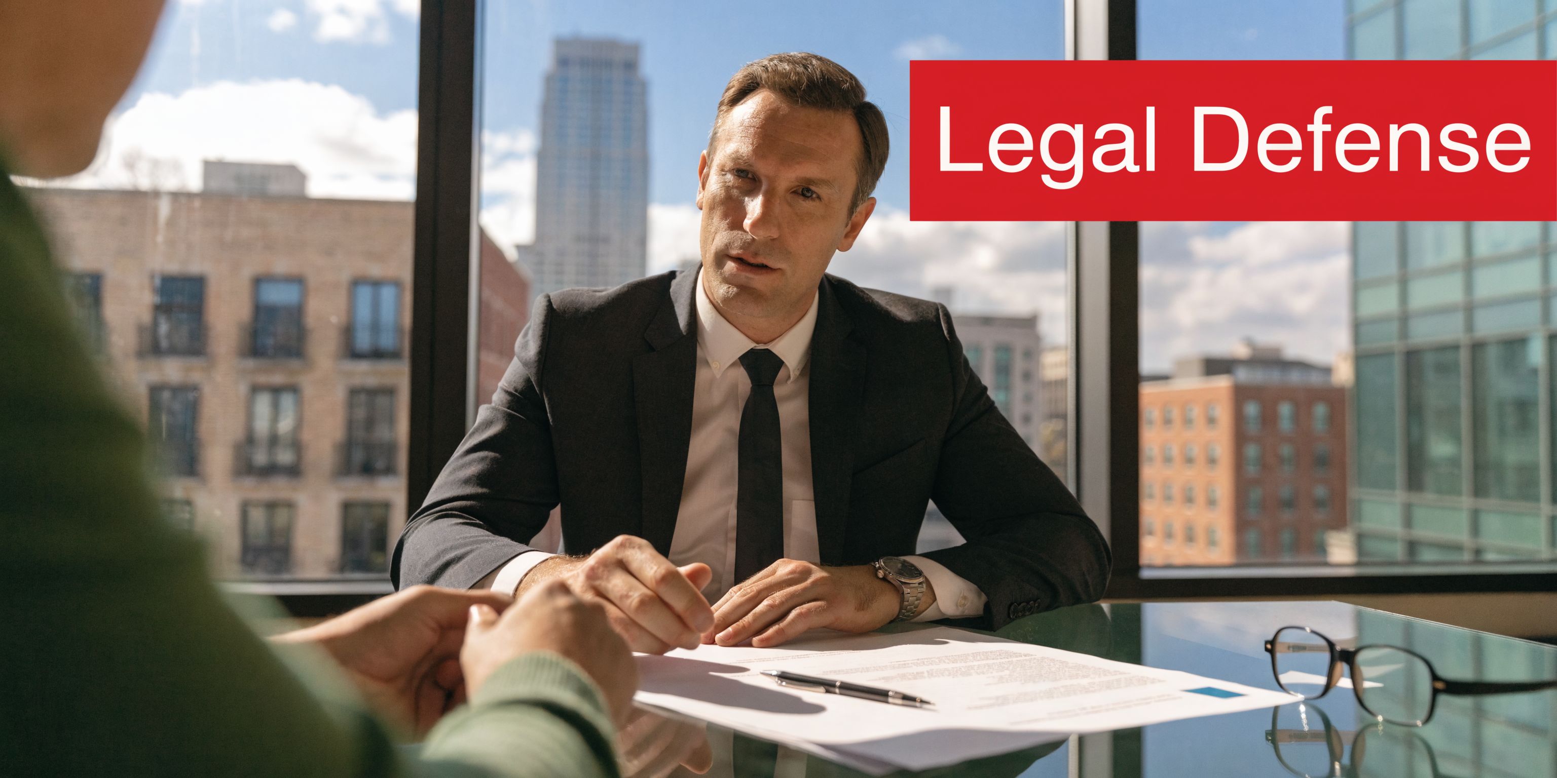 A professional attorney in a suit consults with a client in an office overlooking a city skyline.