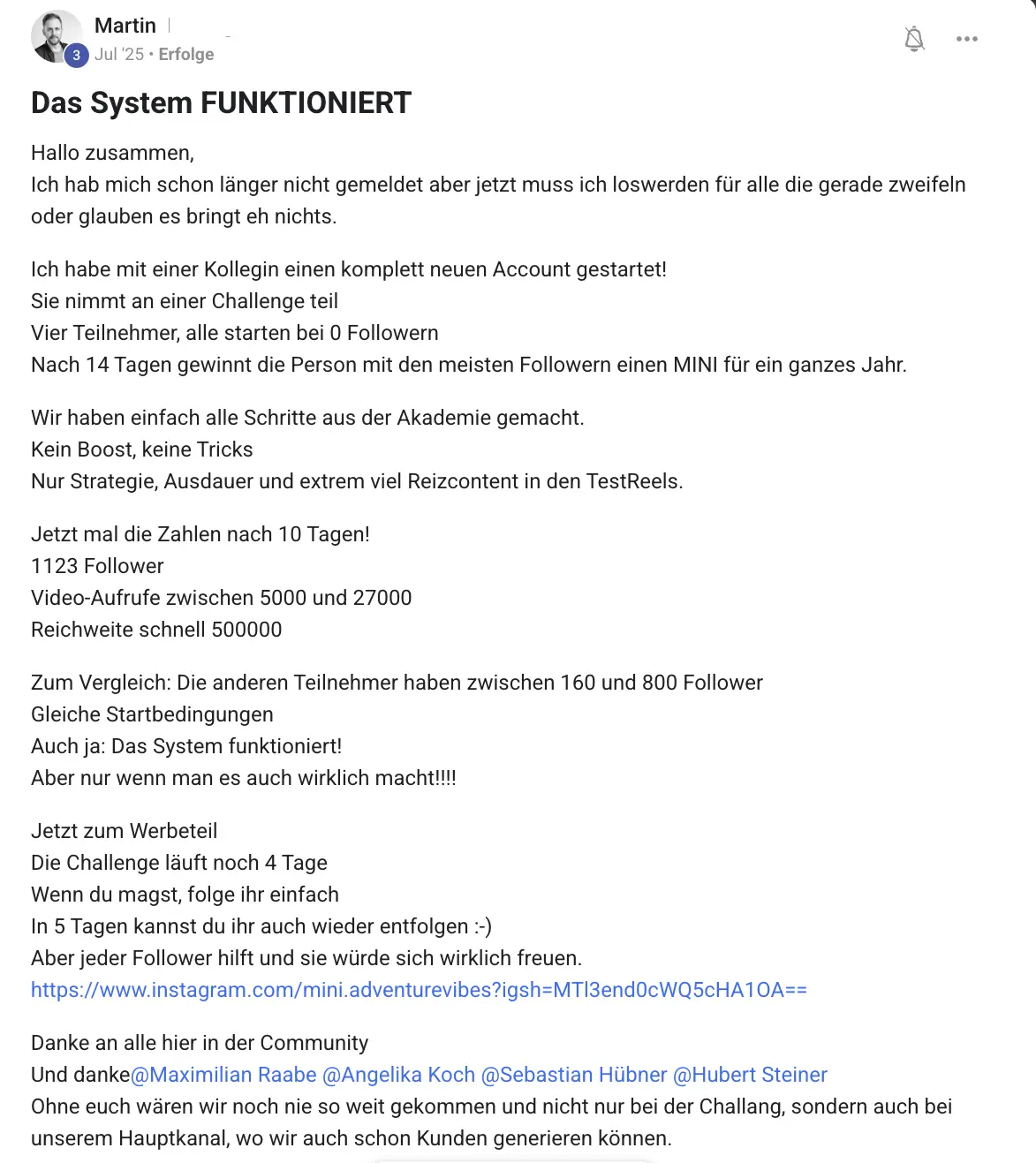 Erfolgsbericht KI Creator Akademie: Martin gewinnt mit neuem Account 1.123 Follower in 10 Tagen