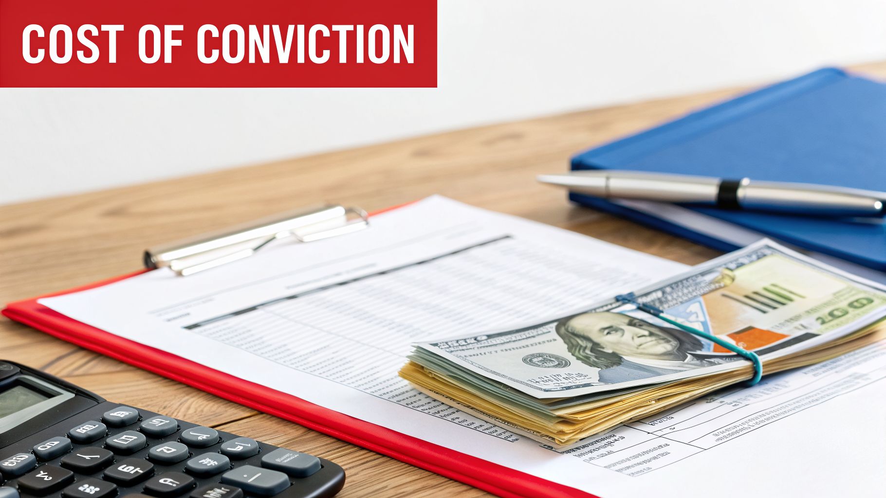 Desk with 'COST OF CONVICTION' banner, calculator, documents, and stack of hundred-dollar bills.