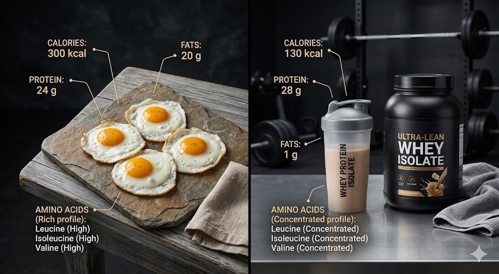 A nutritional comparison infographic between four fried eggs on a slate board (300 kcal, 24g protein) and a bottle and tub of ultra-lean whey protein isolate (130 kcal, 28g protein) in a gym setting.