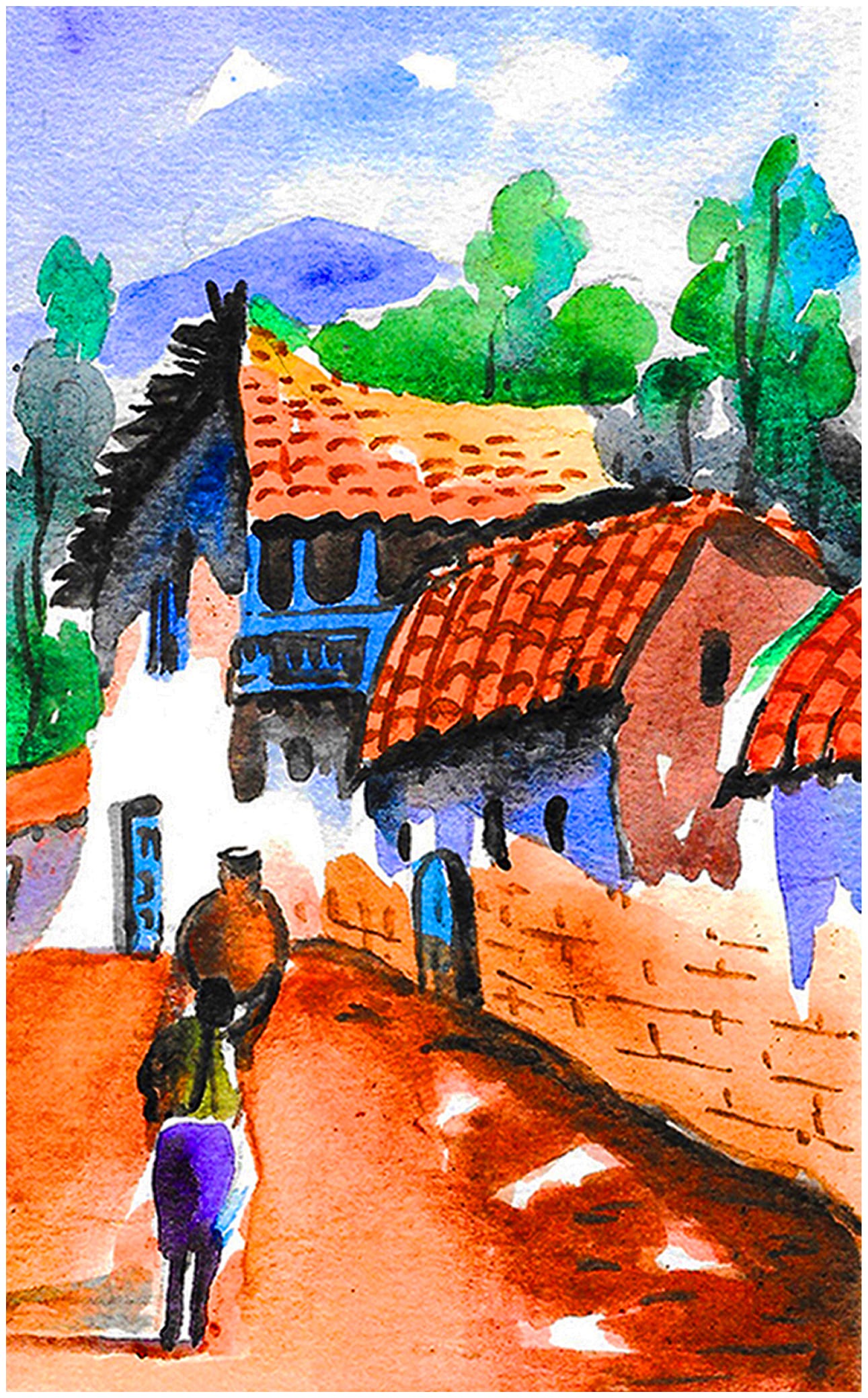 Watercolor illustration of a narrow Cusco street with a walking figure carrying a basket, surrounded by adobe houses and red tiled roofs.