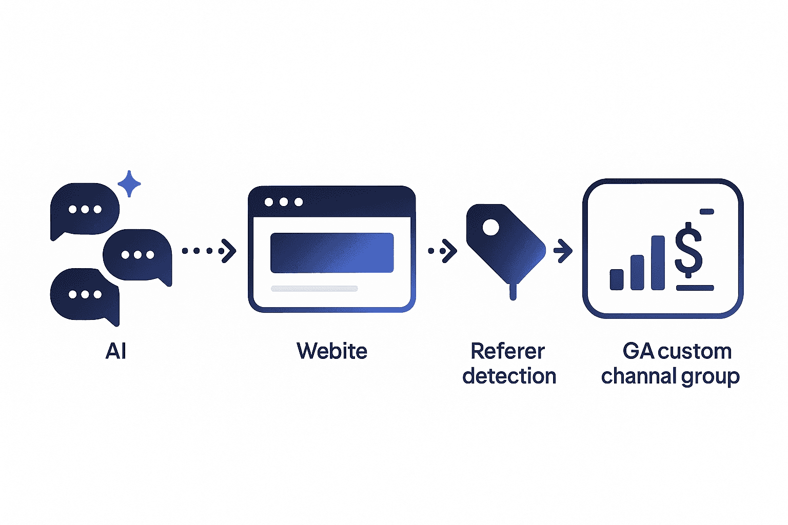 Vector flow showing AI chat tools sending traffic through UTM tags to analytics dashboard for revenue attribution.
